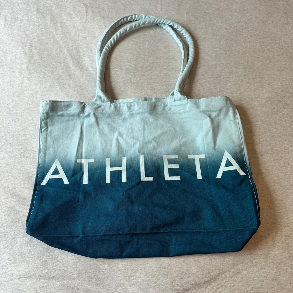 Athleta Blue Ombre Canvas Tote Bag Cotton Logo Shopper Gym Beach Bag